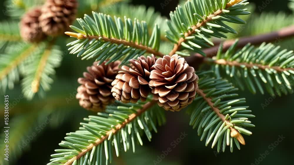 Close-up of fir cones on a branch. Branch of a coniferous tree with cones