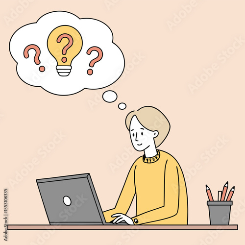 A person with light-colored hair, wearing a yellow long-sleeved shirt, sitting at a desk and working on a laptop. Above their head, a thought bubble contains a glowing lightbulb surrounded by question