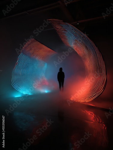 A person stands within a glowing light tunnel.