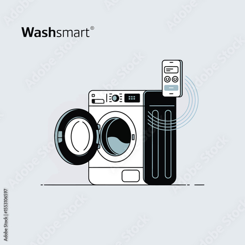 White Front Load Washing Machine with Open Door Controlled by Smartphone App via Wireless Connection Wash Smart Brand Illustration