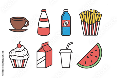 Delightful Assortment of Refreshments and Treats: An artistic array of delectable food and drink items, perfect for visual projects, including a cup of coffee, soda bottle, blue water bottle, fries.