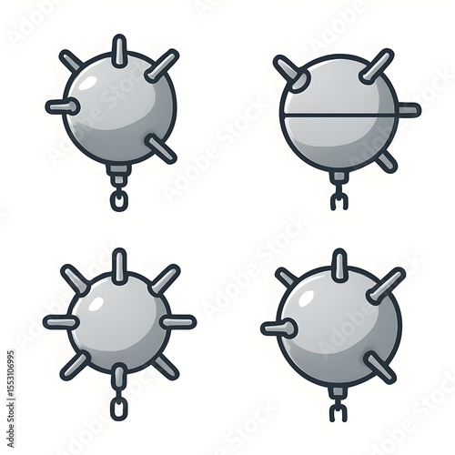 Set of Underwater Naval Mines Icon Military War Weapon Ocean Sea Bomb Explosive Marine Navy Maritime Defence Arsenal Vector Illustration