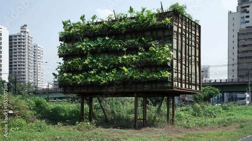 Green structure on stilts amidst urban landscape