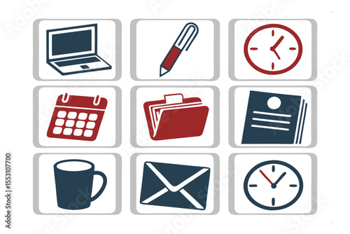 Office Essentials Collection: A neat, visually appealing composition of key office items, including a laptop, pen, clock, calendar, file folder, document, mug, envelope, and clock.