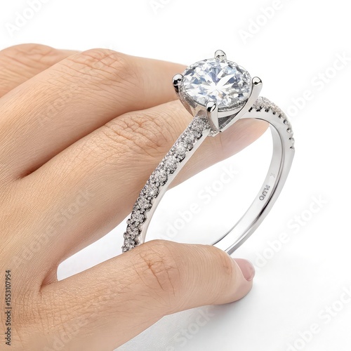 Elegant diamond engagement ring with pave band held by a hand