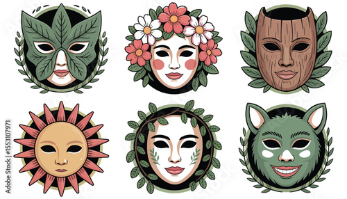 A vibrant set of funny cartoon masks perfect for a theatrical or carnival illustration, capturing the mystery and drama of a traditional Venetian masquerade
