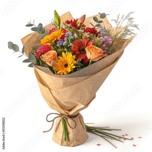 Vibrant mixed flower bouquet wrapped in kraft paper with a rustic tie