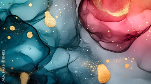Abstract Teal Pink Gold Ink Art Fluid Painting