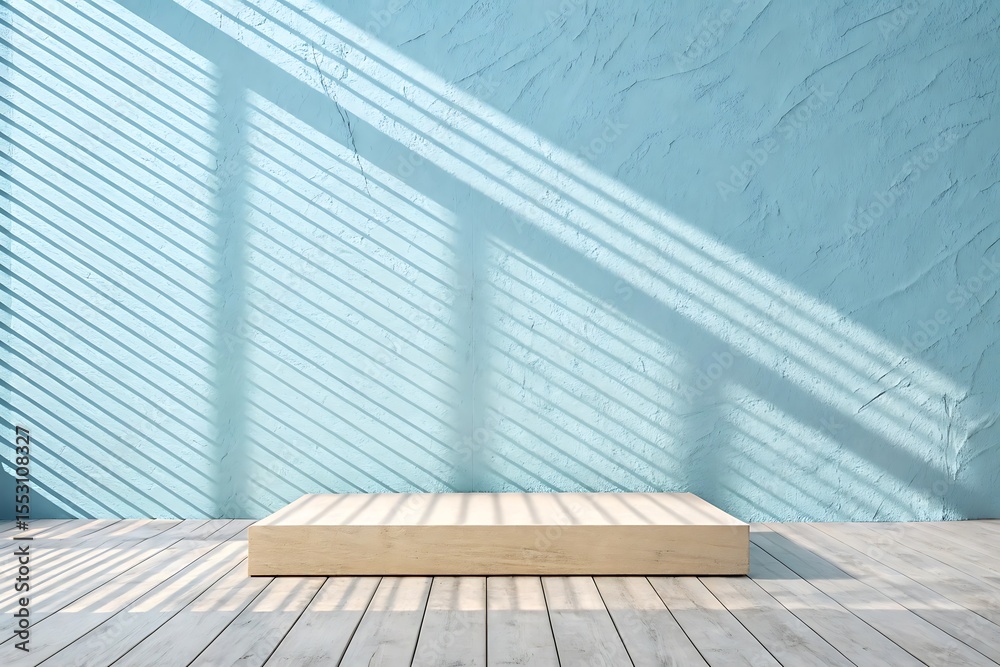 Fototapeta premium Minimalist scene with a wooden pedestal and light patterns on a blue wall