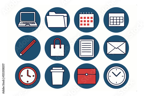 Essential Office Tools Icon Set: A thoughtfully curated set of clean-lined icons, symbolizing the indispensable tools and resources integral to the modern workplace.