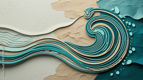 An abstract ocean wave paper art piece, featuring layered teal and beige curves that form a dimensional seascape relief sculpture adorned with water droplets.