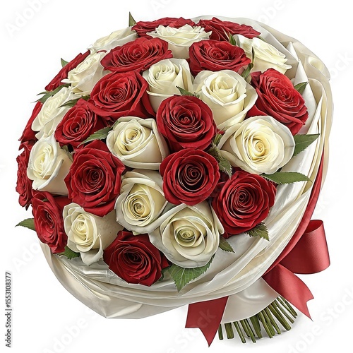 Elegant bouquet of red and white roses tied with a burgundy ribbon