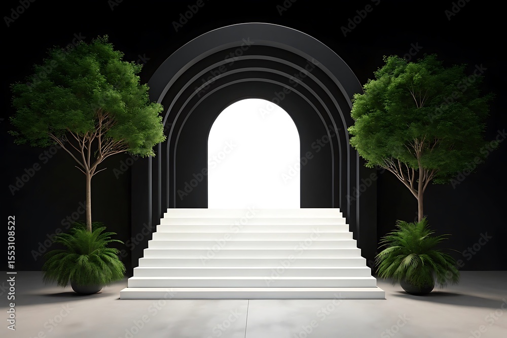 Fototapeta premium Modern minimalist entrance with white stairs and lush green trees
