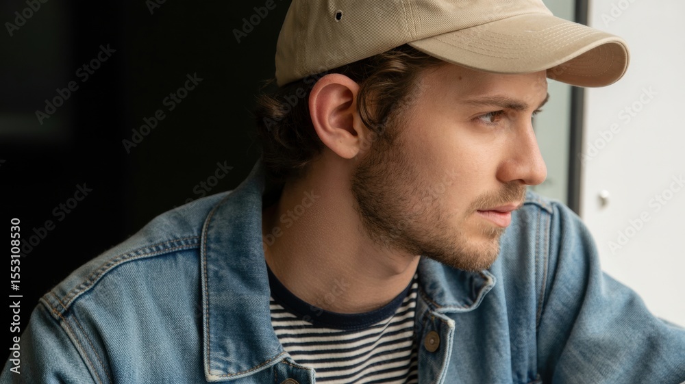 Fototapeta premium Young caucasian male in denim jacket and cap looking out window