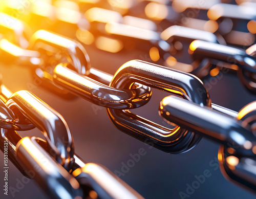 A close-up of metallic chains layered under bright golden light creating gradient shading along the links.