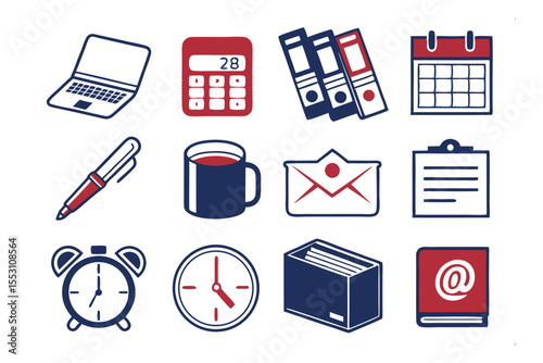 Essential Office Elements: A collection of vital office elements, depicted through clean, uncluttered, and minimalistic icon design,perfect for use in presentations, websites, and creative projects. 