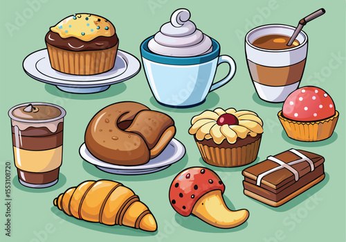 Delicious vector set of chocolate cakes and cupcakes with cream, cherries, and strawberries, perfect for a sweet bakery or birthday dessert illustration