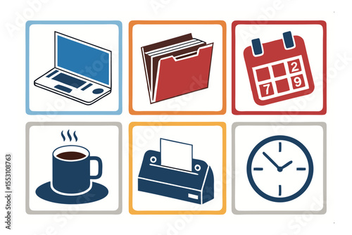 Office Icons: A collection of simple, colorful office icons, including a laptop, file folder, calendar, coffee cup, printer, and clock, representing common office elements.