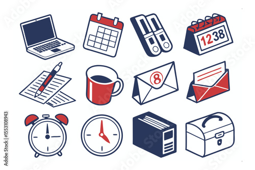 Office Essentials: An array of modern office elements, digitally rendered, from a notebook to a briefcase. The various implements work together in seamless synergy.