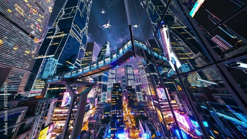 Futuristic Cityscape: Elevated Perspective of Neon-Lit Skyscrapers and Drones