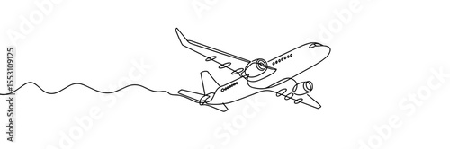Flying plane, vector, black line drawing, minimalistic, single line, simple line, isolated, transparent background 