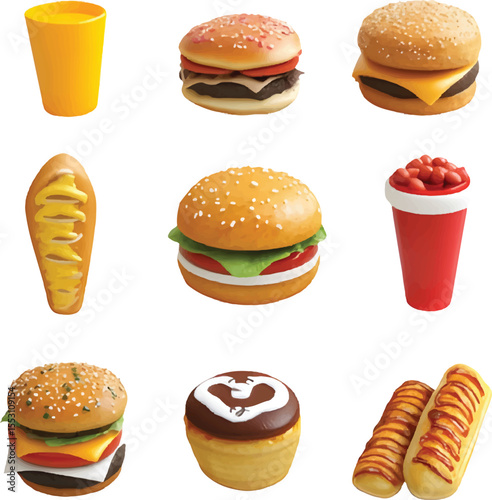 Fast Food 3D Realistic Render Icon Set for Restaurant, Delivery, and Menu Design