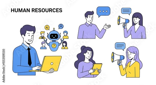 Modern HR Teal techie uses yellow laptop next to AI bot amid diverse staff while purple clad teams use megaphones for
