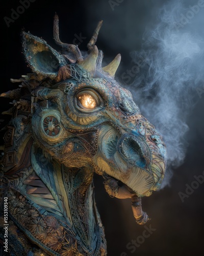 Ornate, mythical creature headpiece with intricate details.