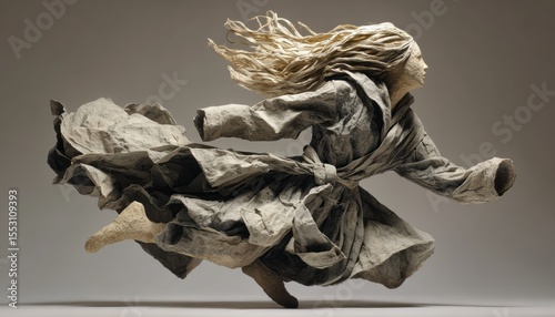 Paper sculpture of a woman in motion.
