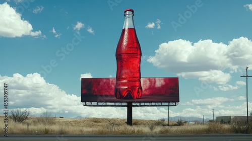 Giant soda bottle billboard in desert landscape