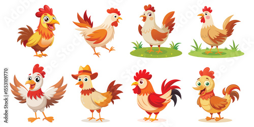 Collection of cartoon chickens and roosters isolated on white background