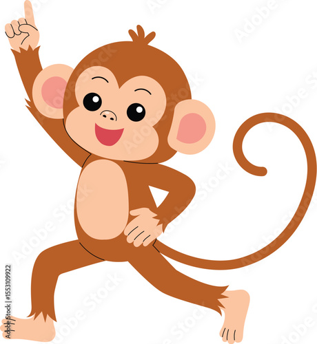 playful monkey pointing finger up, funny monkey cartoon character illustration