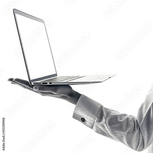 Person presenting a sleek modern laptop on an open palm against a white background