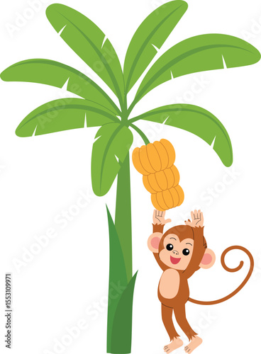 playful monkey try to picking up banana, funny monkey cartoon character illustration