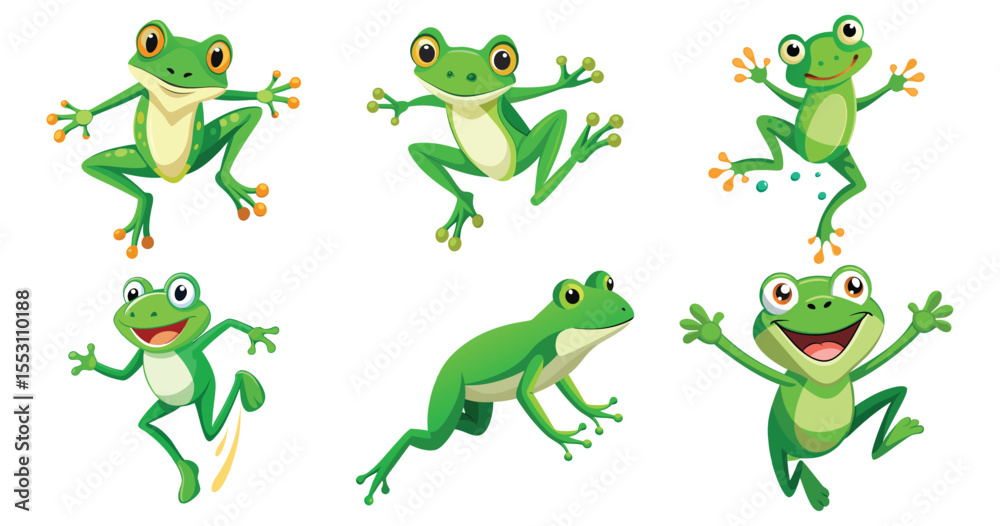 Fototapeta premium Cartoon frogs jumping and smiling isolated on white background