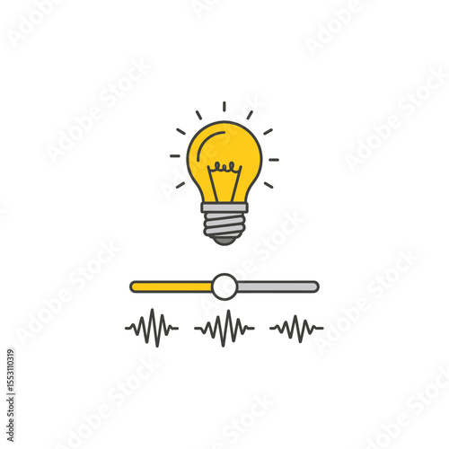Yellow Lightbulb Idea Icon with Gray Slider and Sound Wave Graphics Simple Line Art Design Bright Illumination Concept