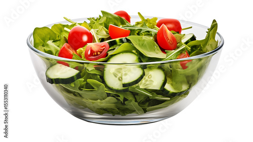 Fresh Green Salad with Tomatoes and Cucumbers in Glass Bowl