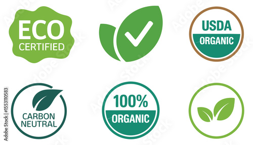 A set of organic eco bio labels with green leaf symbols, natural food badges, and recycle design elements