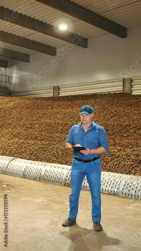 Potato harvesting. farming. In warehouse, farmer inspects quality of potato crop, using digital tablet. Potatoes storage in warehouse. potato raw materials for food industry. agriculture.
