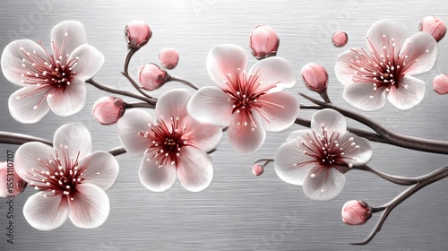 Elegant Pink Cherry Blossoms on Silver Background