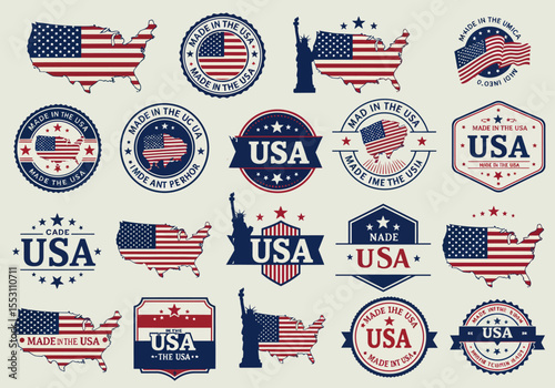 Collection of American Flag Themed Symbols Featuring Maps Statues of Liberty and Patriotic Emblems Representing United States Heritage
