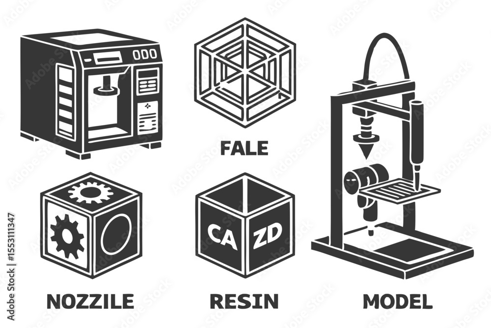Various types of three dimensional printers isolated on white background