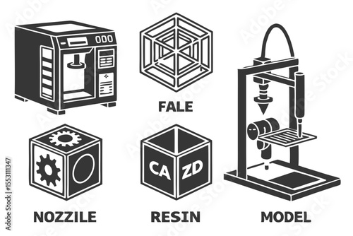 Various types of three dimensional printers isolated on white background
