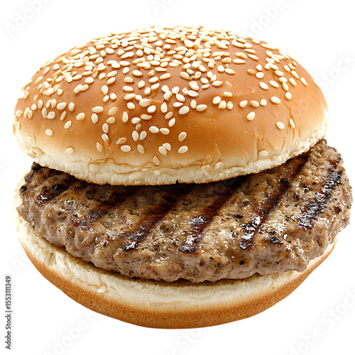 Close-up of a freshly grilled hamburger on a sesame seed bun