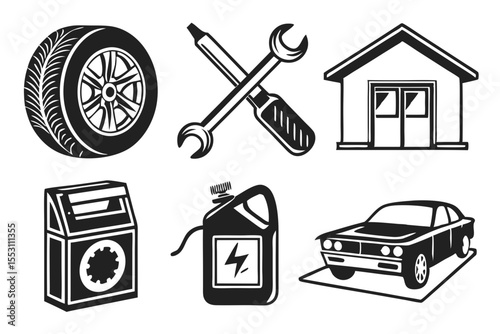 Tire wrench house and car repair symbols isolated on white background