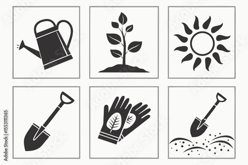 Gardening tools and plants isolated on white background