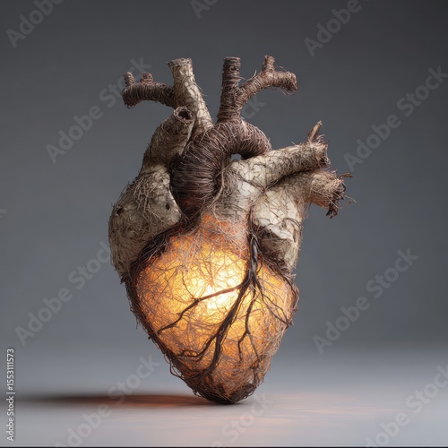 A heart-shaped sculpture with intricate organic details.