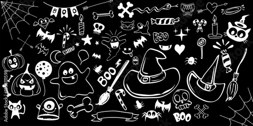 Hand drawn white Halloween doddles set isolated on black background. Doodle halloween pattern seamless banner and poster design. Big halloween design elements set