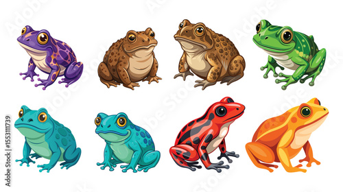 Collection of colorful cartoon frogs and toads isolated on white background