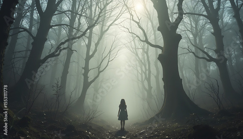 Mysterious Little Girl Standing Alone in Haunted Forest